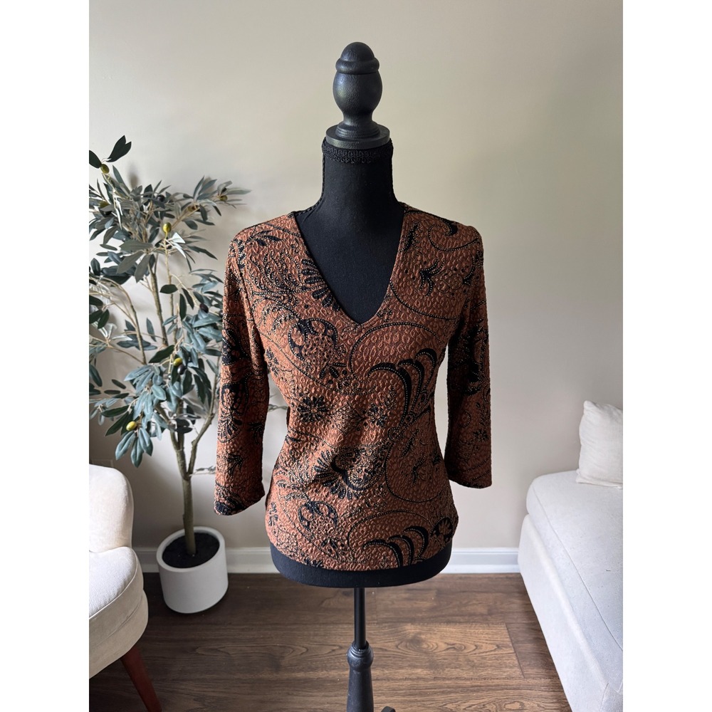 Brittany Black Womens Copper Black Paisley V-Neck 3/4 Sleeve Textured Top M